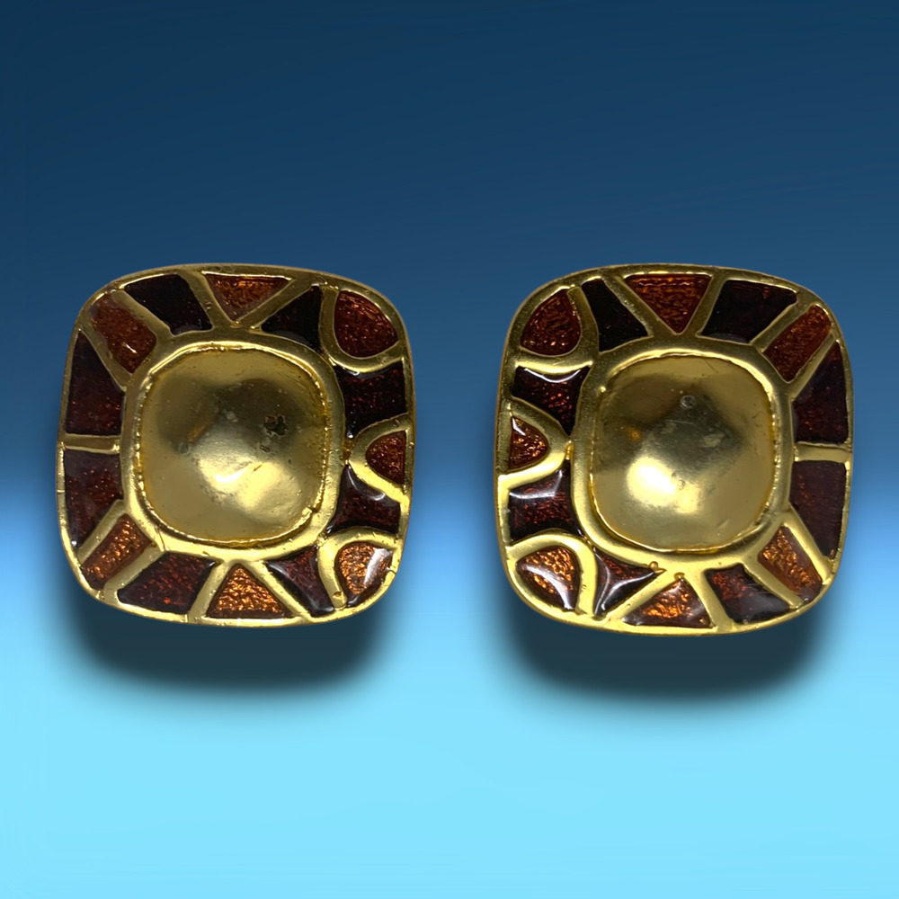 Vintage 1980's Modernist Gold Tone Amber Enamel Earrings Clip On Couture Runway